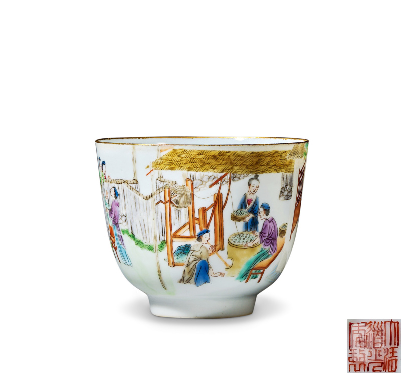 清中期 粉彩耕织图诗文杯